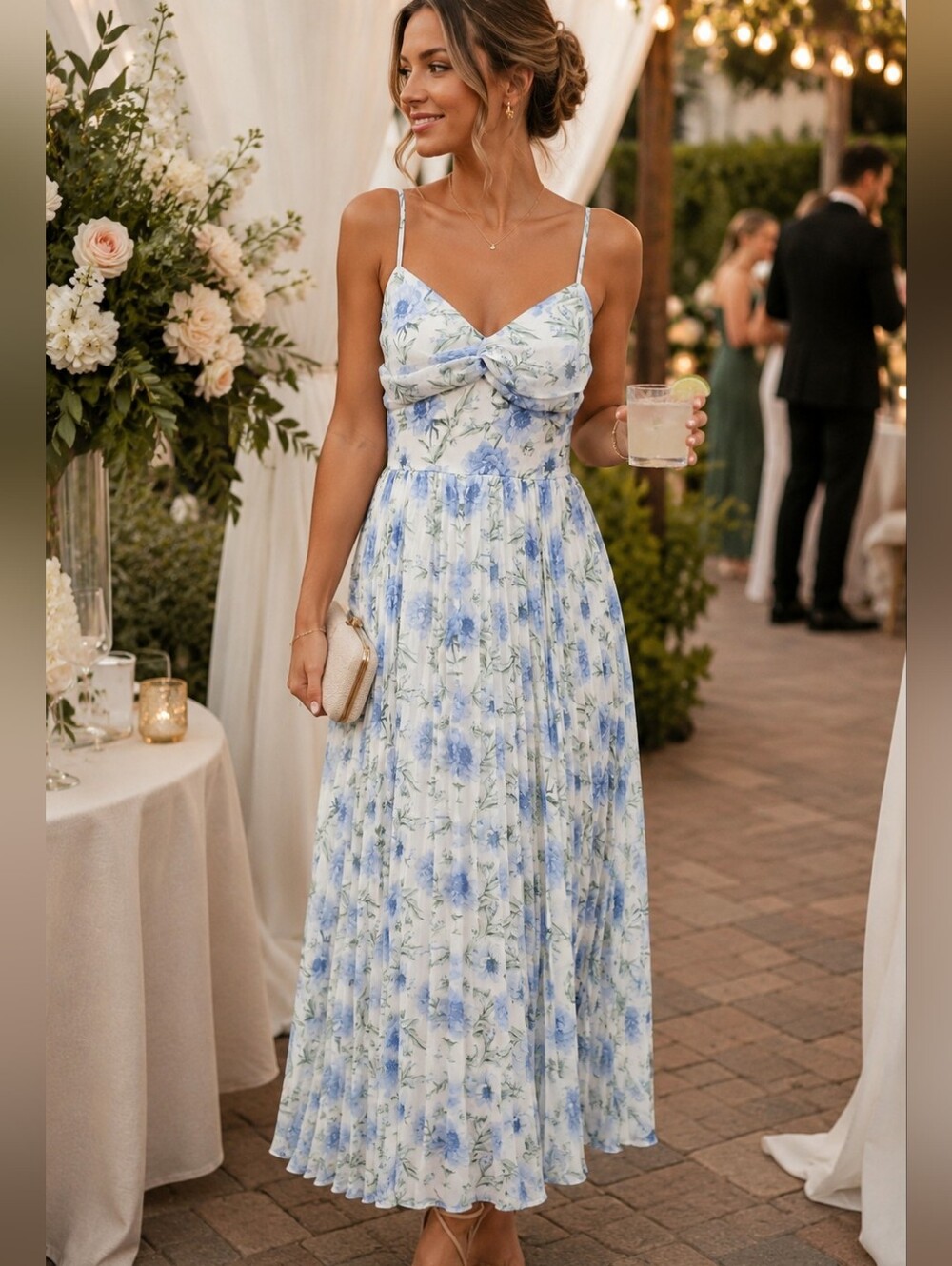 Francesca’s Audrey Parks Blue Floral Pleated Midi Dress Cottagecore Coquette
